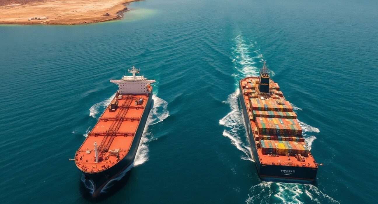Oil tanker and container ship navigating the Strait of Hormuz under daylight.