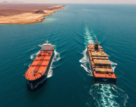 Oil tanker and container ship navigating the Strait of Hormuz under daylight.