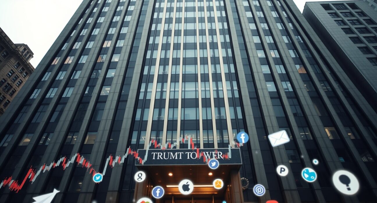 Trump Tower in New York City with digital overlays of stock charts and social media icons