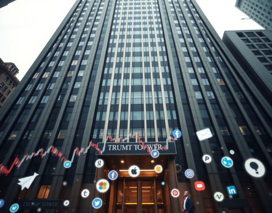 Trump Tower in New York City with digital overlays of stock charts and social media icons