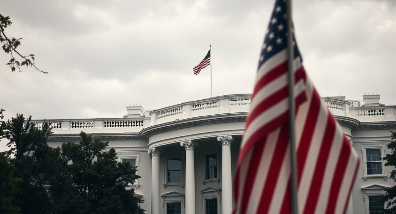 White House exterior on a cloudy day with US flag visible