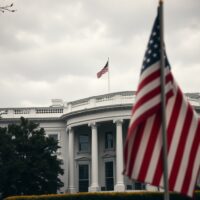 White House exterior on a cloudy day with US flag visible