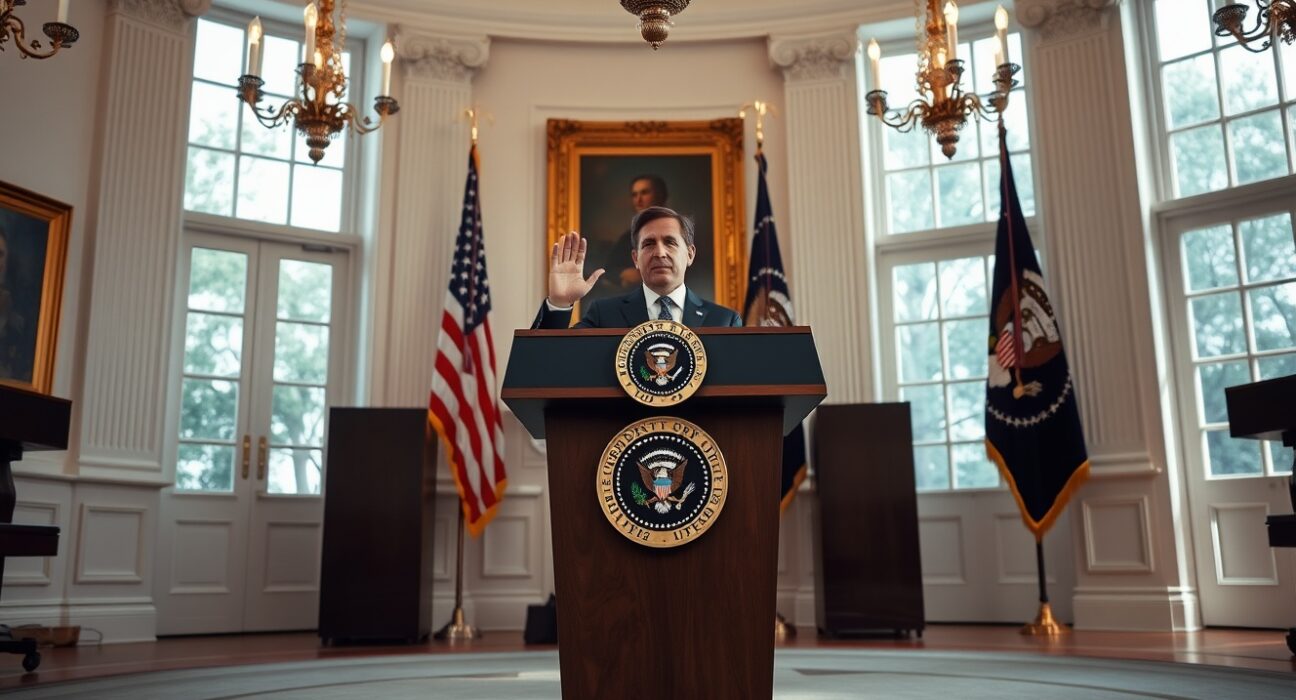 White House ceremony setting with podium and flags for Fed chair swearing-in