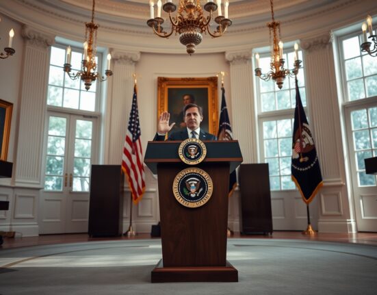White House ceremony setting with podium and flags for Fed chair swearing-in