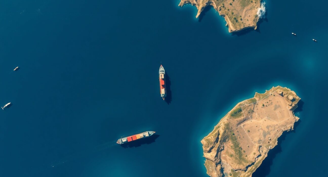 Aerial view of the Taiwan Strait showing geographical context of geopolitical tensions between China and Taiwan.
