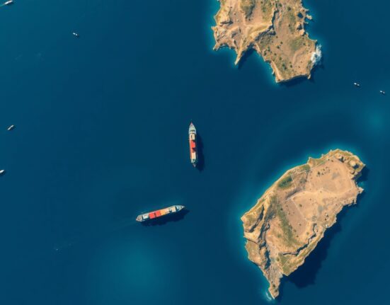 Aerial view of the Taiwan Strait showing geographical context of geopolitical tensions between China and Taiwan.