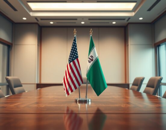 Symbolic representation of US-Iran diplomatic negotiations for a nuclear agreement.