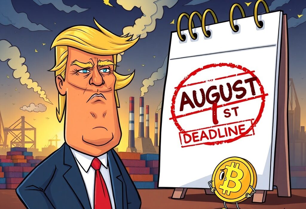 Cartoon illustration conveying the serious implications of the Trump tariff deadline on global trade and potential ripple effects on the crypto market.