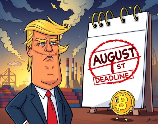 Cartoon illustration conveying the serious implications of the Trump tariff deadline on global trade and potential ripple effects on the crypto market.