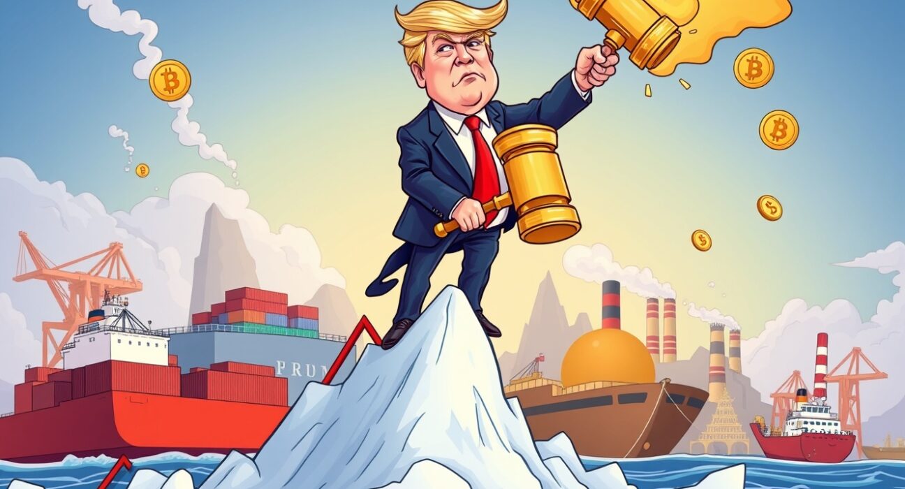 Cartoon depicting Trump's strong stance on tariff policies influencing a booming stock market, hinting at broader economic impacts.
