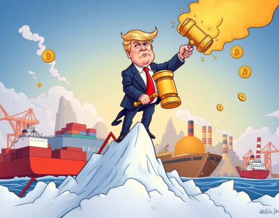 Cartoon depicting Trump's strong stance on tariff policies influencing a booming stock market, hinting at broader economic impacts.