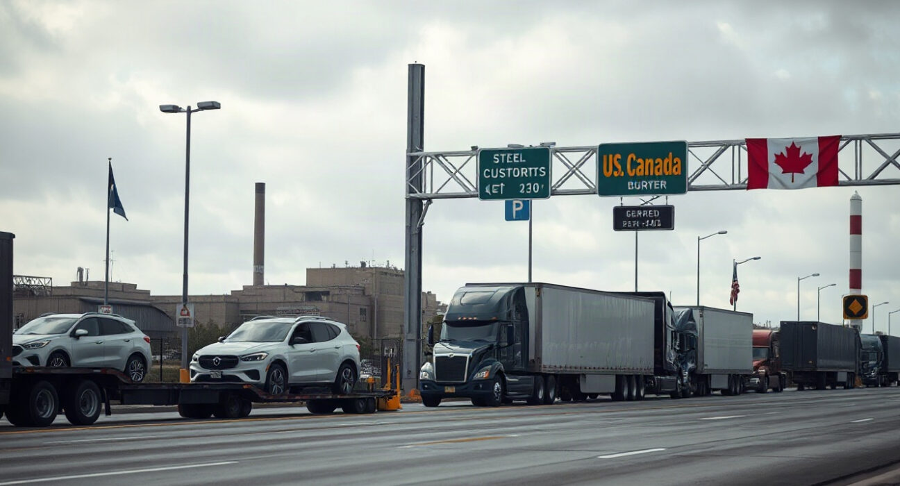 Line of new cars and trucks waiting at US-Canada border customs, with steel plant in background