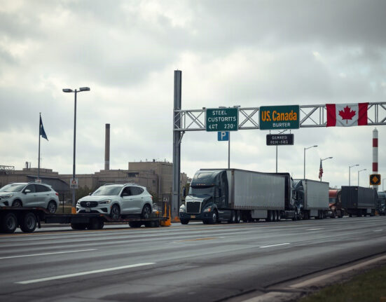 Line of new cars and trucks waiting at US-Canada border customs, with steel plant in background