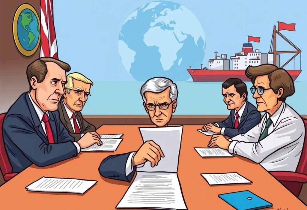 Cartoon illustration of an urgent meeting discussing the potential impact of Trump tariffs on global trade and the economy.