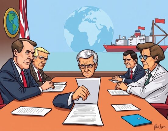 Cartoon illustration of an urgent meeting discussing the potential impact of Trump tariffs on global trade and the economy.