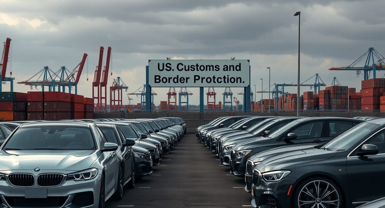 Trump tariffs on EU cars and trucks at a US port, highlighting trade policy impact on auto industry.