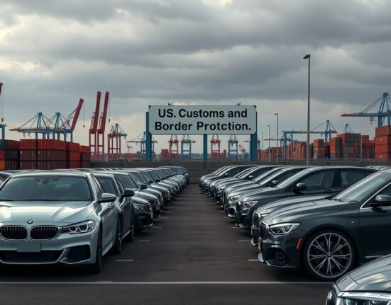 Trump tariffs on EU cars and trucks at a US port, highlighting trade policy impact on auto industry.