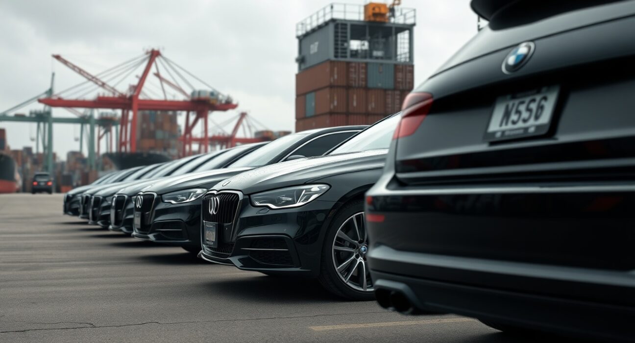 European luxury cars at a US port awaiting inspection under new Trump tariffs on EU vehicles.