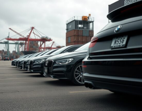 European luxury cars at a US port awaiting inspection under new Trump tariffs on EU vehicles.