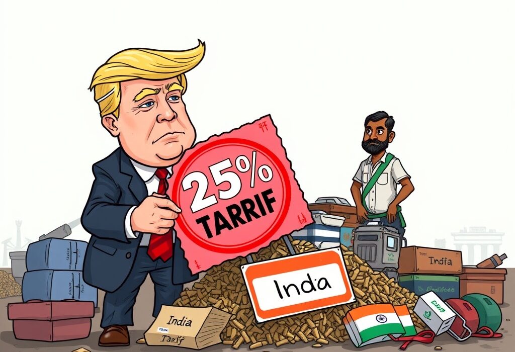 A cartoon illustration showing the imposition of Trump tariffs India, signifying the significant shift in US India trade relations.