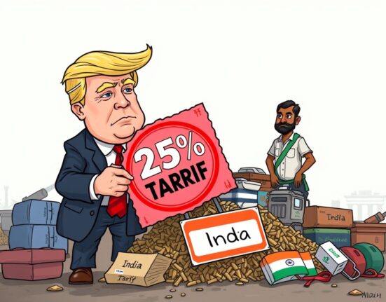 A cartoon illustration showing the imposition of Trump tariffs India, signifying the significant shift in US India trade relations.