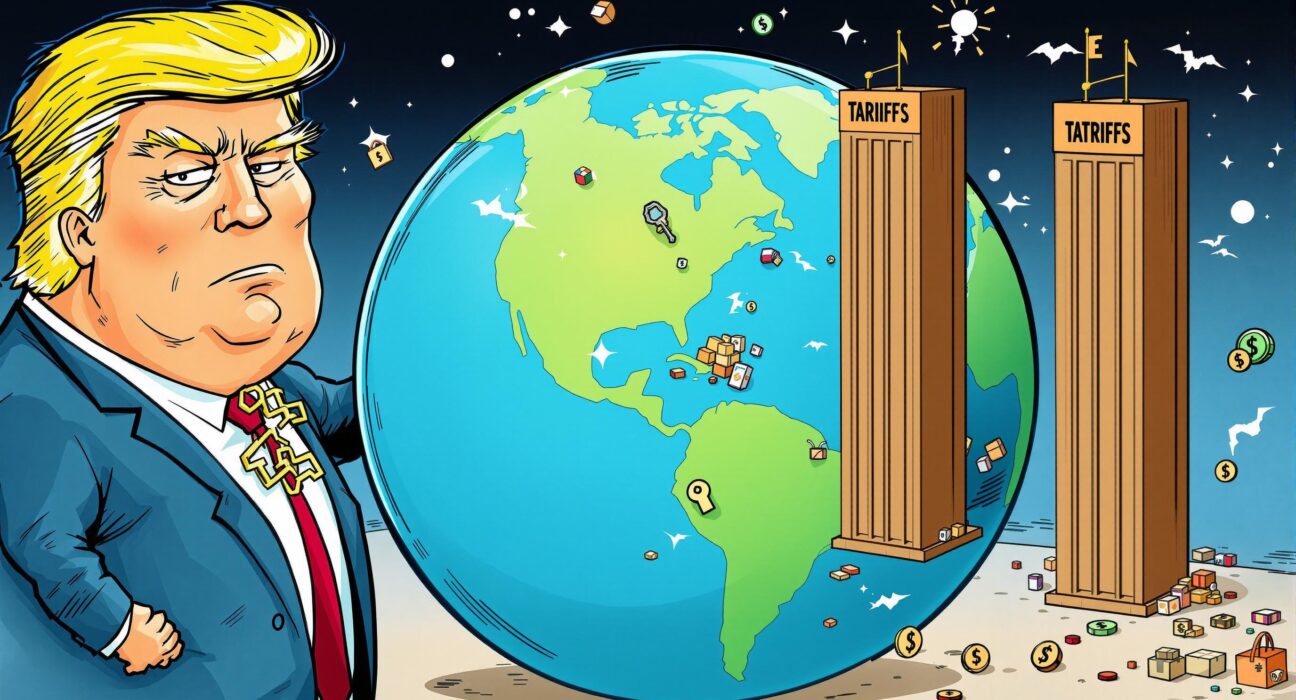 A cartoon illustration showing the impact of Trump tariffs on global market openness and trade negotiations.