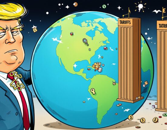 A cartoon illustration showing the impact of Trump tariffs on global market openness and trade negotiations.