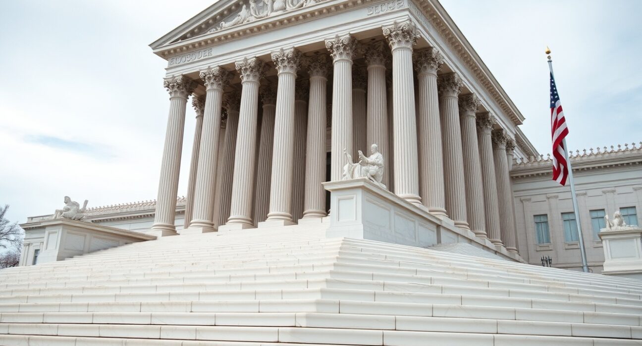 Exterior view of the US Supreme Court building under overcast sky, symbolizing legal challenge to Trump tariff policy.