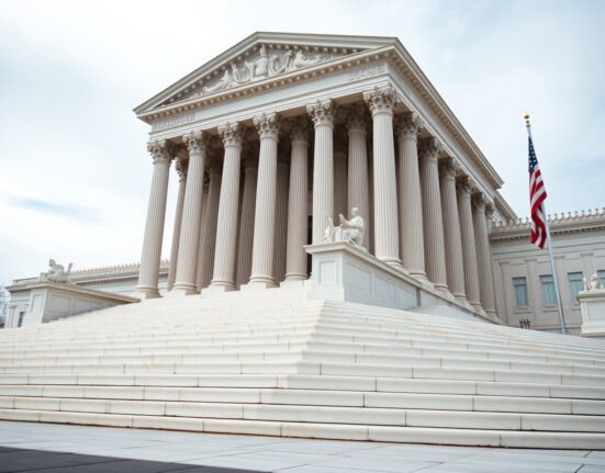 Exterior view of the US Supreme Court building under overcast sky, symbolizing legal challenge to Trump tariff policy.