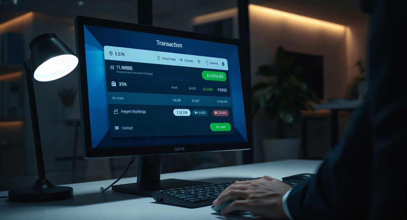 Cryptocurrency exchange interface on a computer monitor in a dimly lit office, representing a large TRUMP memecoin transfer to Binance.