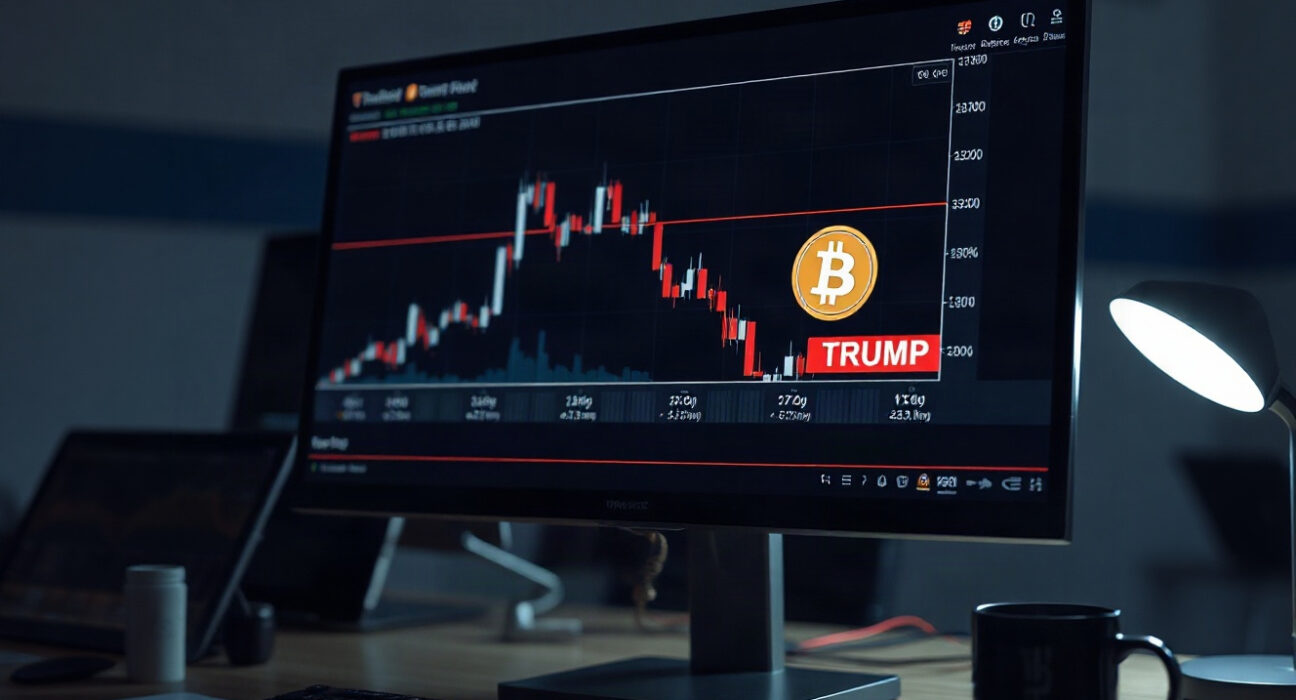 Cryptocurrency trading chart on a monitor with a digital wallet icon, representing the TRUMP memecoin transfer.