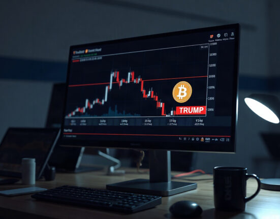 Cryptocurrency trading chart on a monitor with a digital wallet icon, representing the TRUMP memecoin transfer.