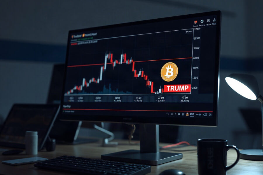 Cryptocurrency trading chart on a monitor with a digital wallet icon, representing the TRUMP memecoin transfer.