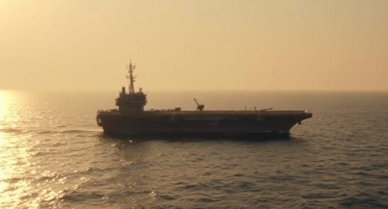 US aircraft carrier in the Persian Gulf at sunset, representing military tension with Iran.