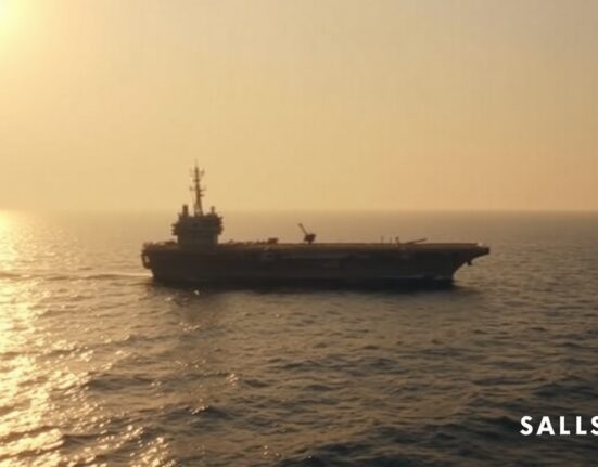 US aircraft carrier in the Persian Gulf at sunset, representing military tension with Iran.
