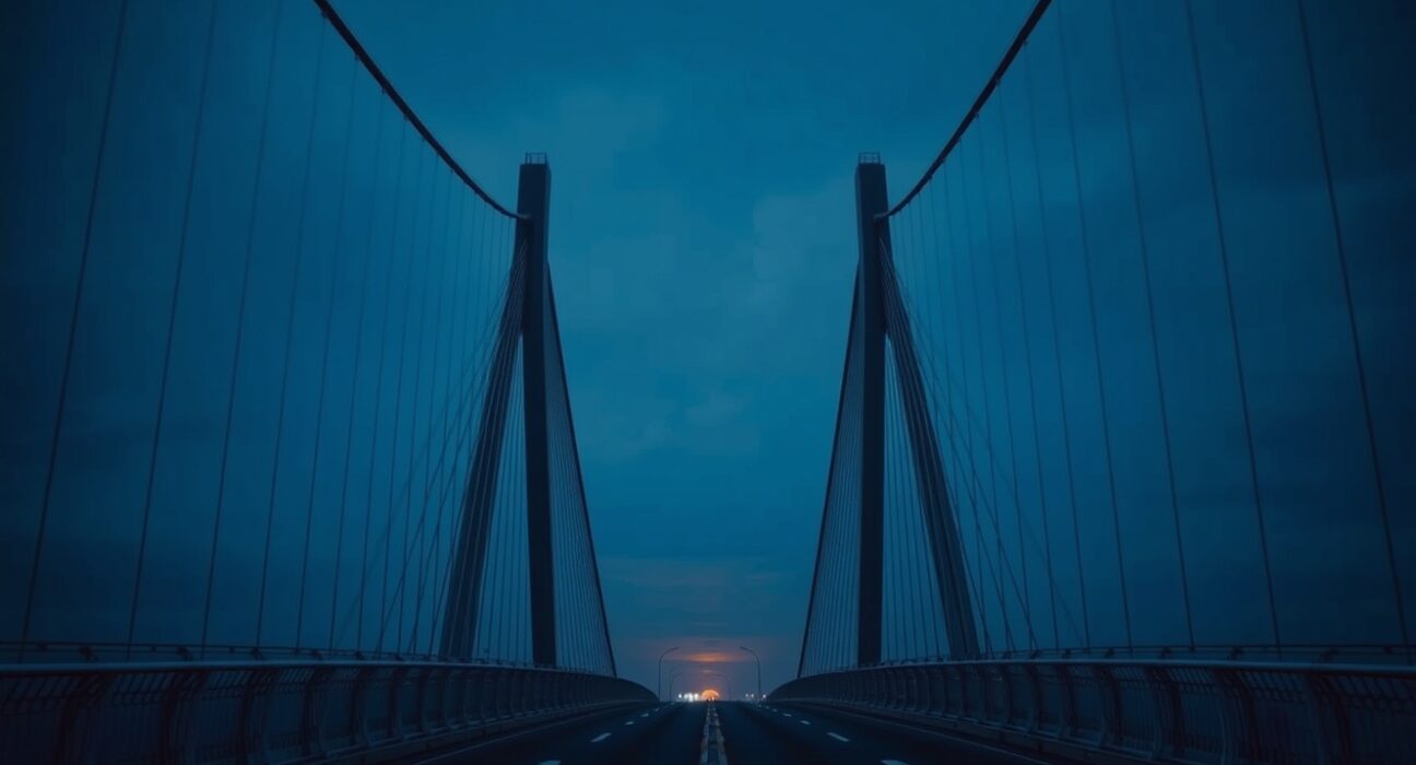 Empty bridge at dusk with orange glow on horizon, symbolizing threat of military strikes.