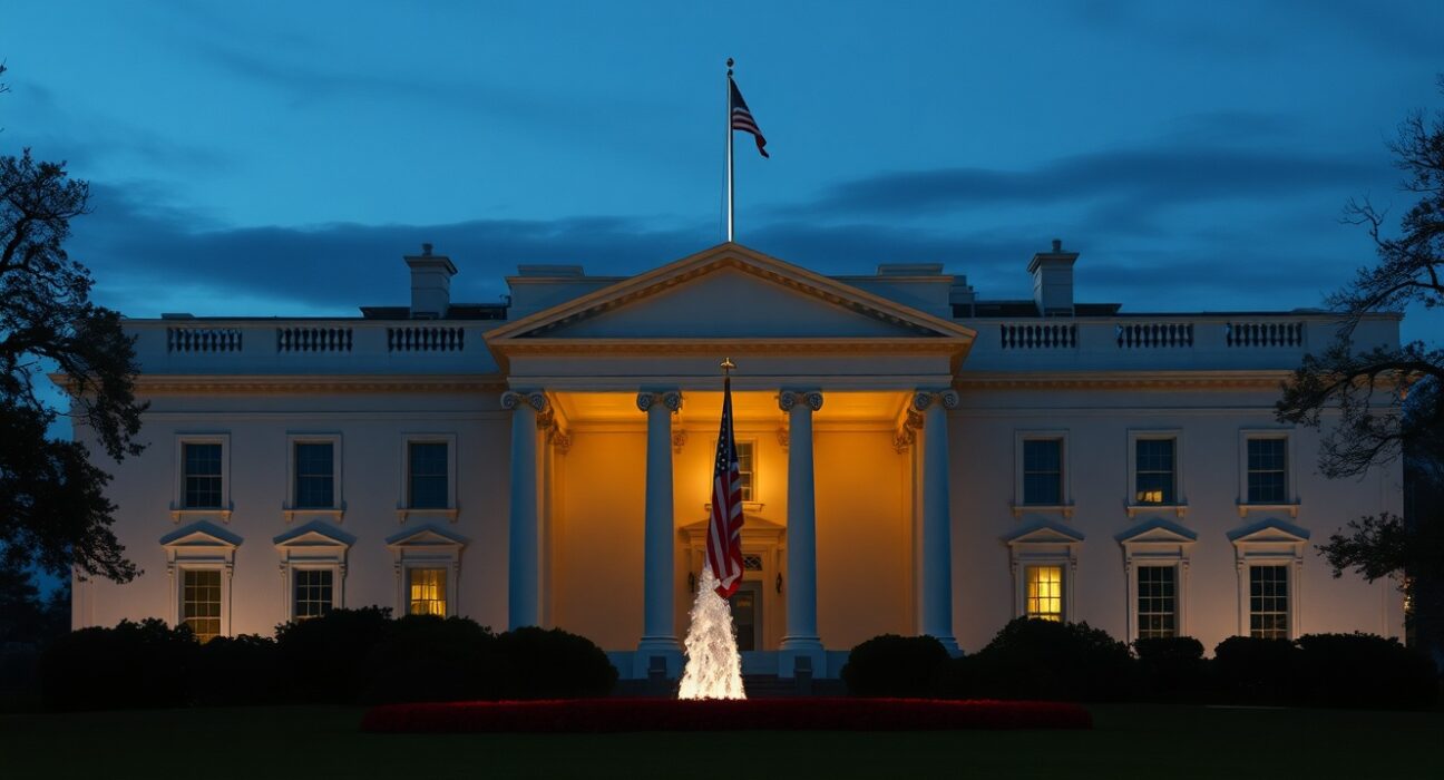 White House illuminated at dusk under a dramatic sky, signaling a major policy announcement.