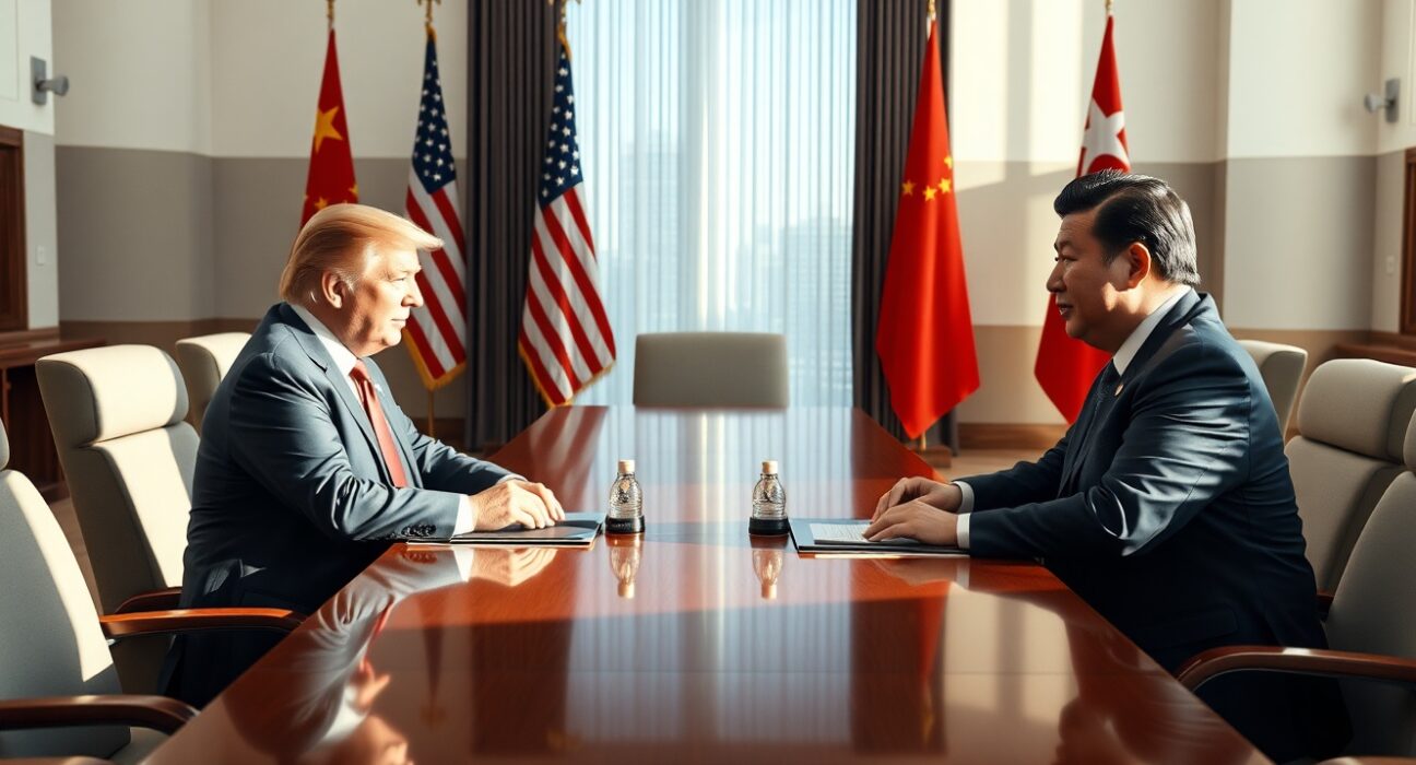 US President Donald Trump and Chinese President Xi Jinping seated at a formal diplomatic meeting table with flags in background.