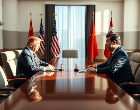 US President Donald Trump and Chinese President Xi Jinping seated at a formal diplomatic meeting table with flags in background.