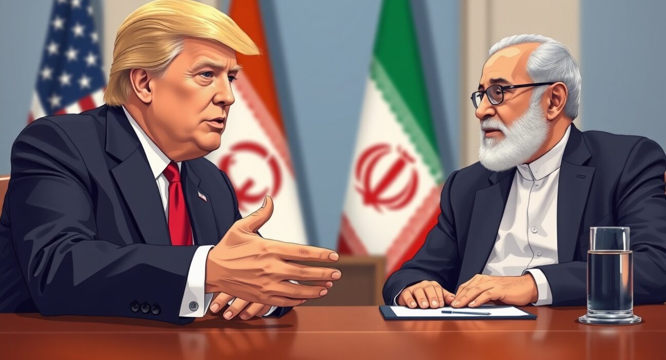 Donald Trump discussing diplomacy with Iranian officials regarding US-Iran relations and nuclear negotiations.