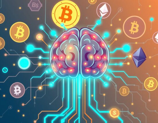 Trump's TRUTH AI platform connecting artificial intelligence with cryptocurrency networks in a vibrant digital landscape.