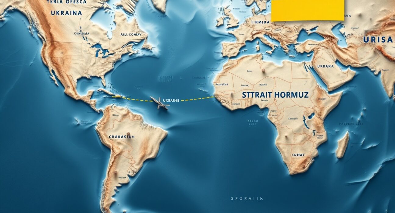 Strategic map showing Trump's ultimatum linking Ukraine aid to the Strait of Hormuz coalition