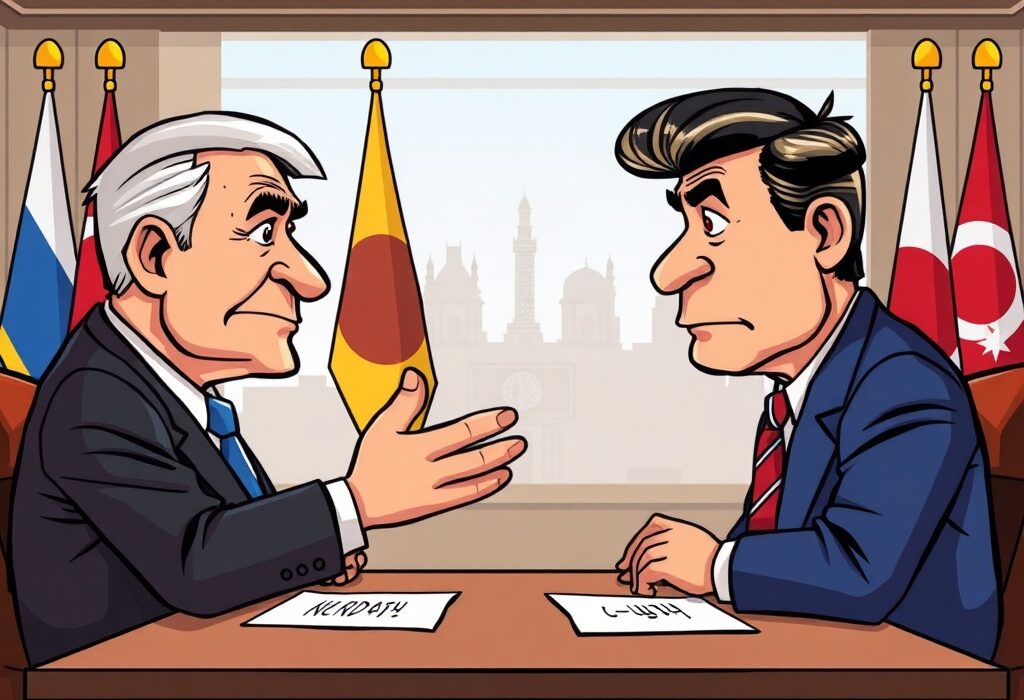 A cartoon illustration of a diplomatic meeting where one leader firmly rejects a Trump Ukraine ceasefire proposal, conveying a significant political decision.