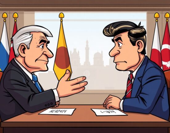 A cartoon illustration of a diplomatic meeting where one leader firmly rejects a Trump Ukraine ceasefire proposal, conveying a significant political decision.