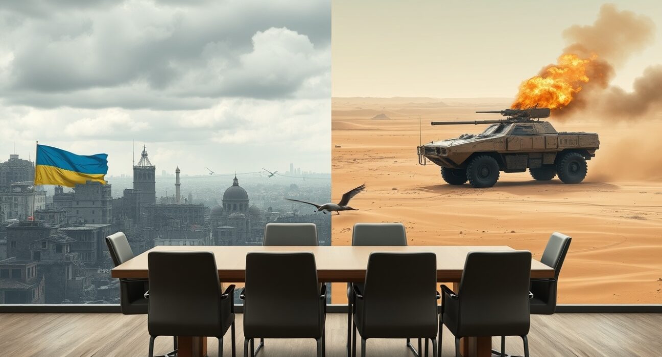 Trump predicts Ukraine and Iran wars will end around same time in a geopolitical forecast image showing conflict scenes and a diplomatic table