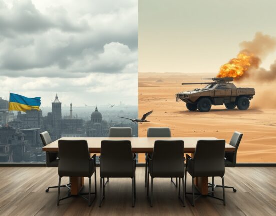 Trump predicts Ukraine and Iran wars will end around same time in a geopolitical forecast image showing conflict scenes and a diplomatic table