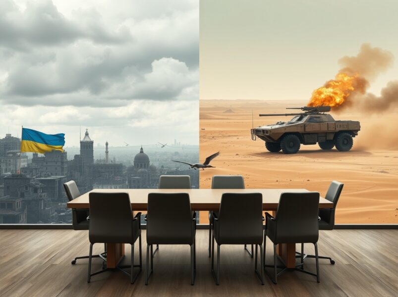 Trump predicts Ukraine and Iran wars will end around same time in a geopolitical forecast image showing conflict scenes and a diplomatic table