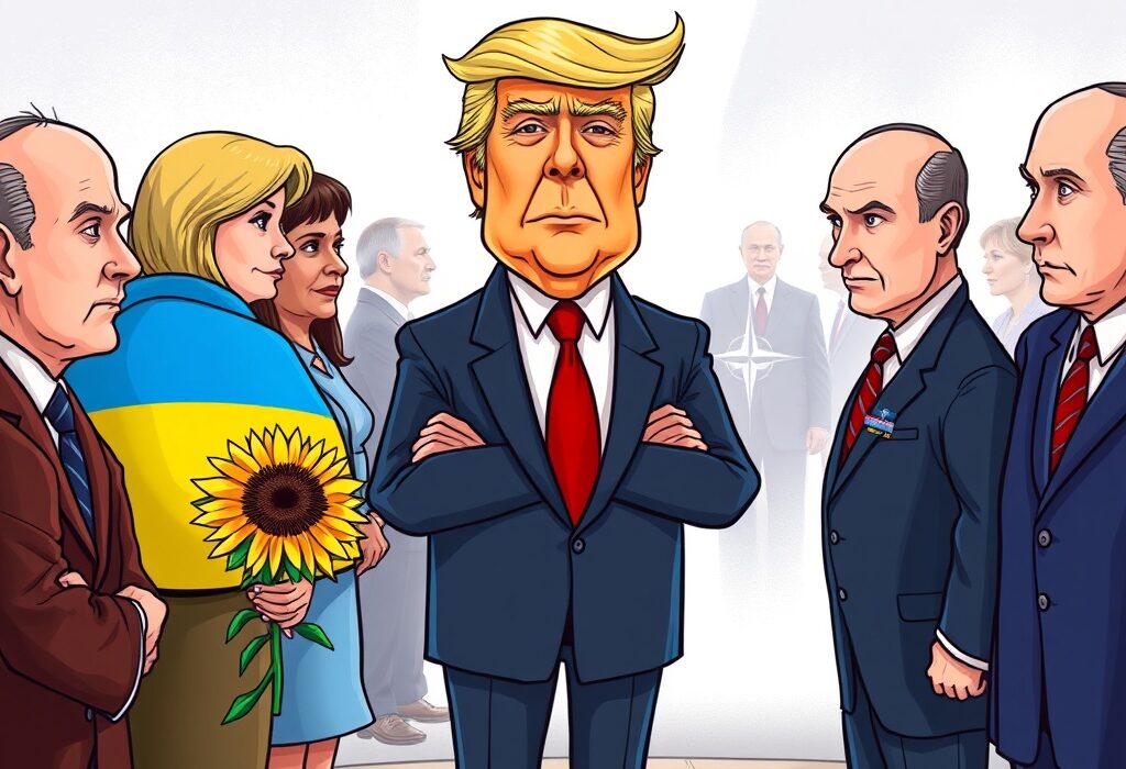 A cartoon showing Trump facilitating talks between Ukraine and NATO, symbolizing potential Trump Ukraine NATO diplomatic efforts for peace.
