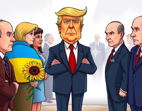 A cartoon showing Trump facilitating talks between Ukraine and NATO, symbolizing potential Trump Ukraine NATO diplomatic efforts for peace.