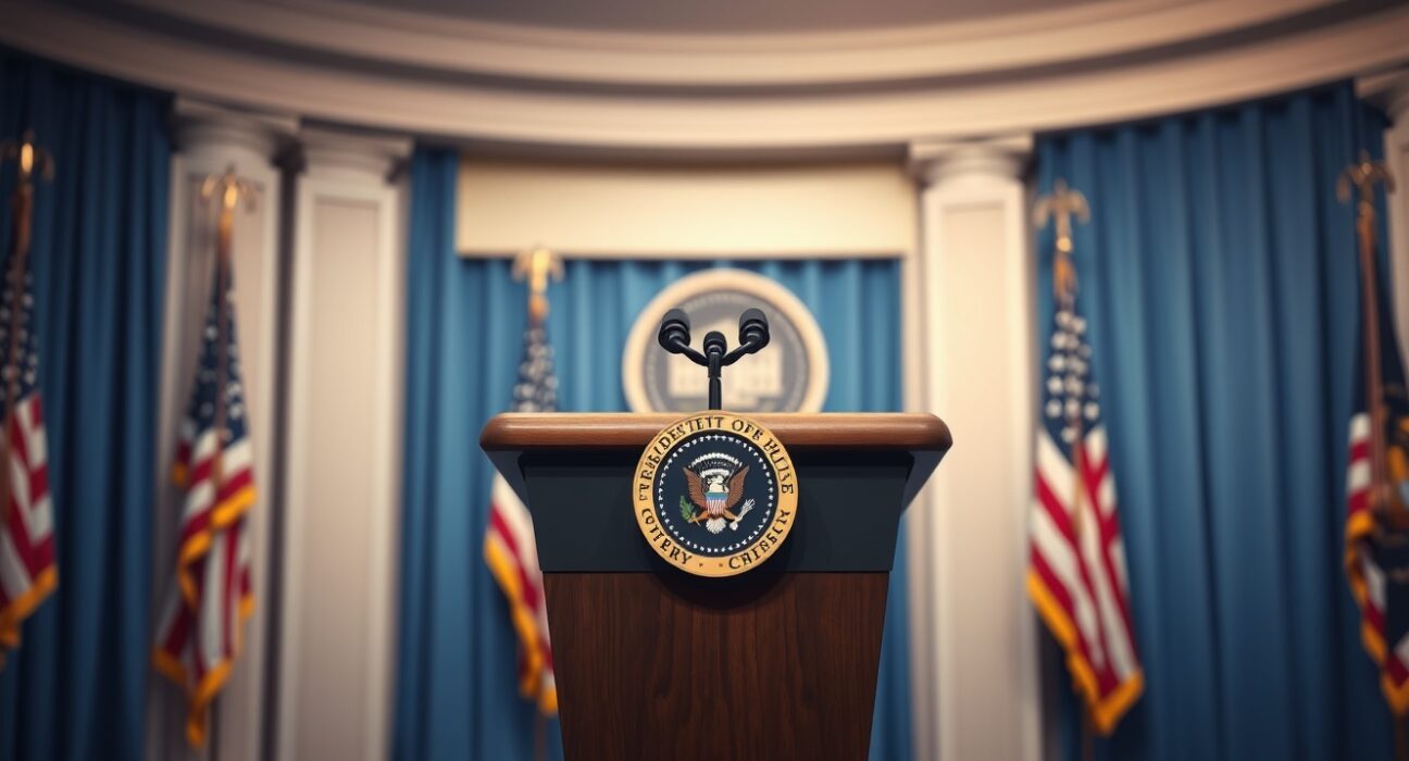 White House briefing room podium where President Trump addressed Iran nuclear weapons and US oil independence.